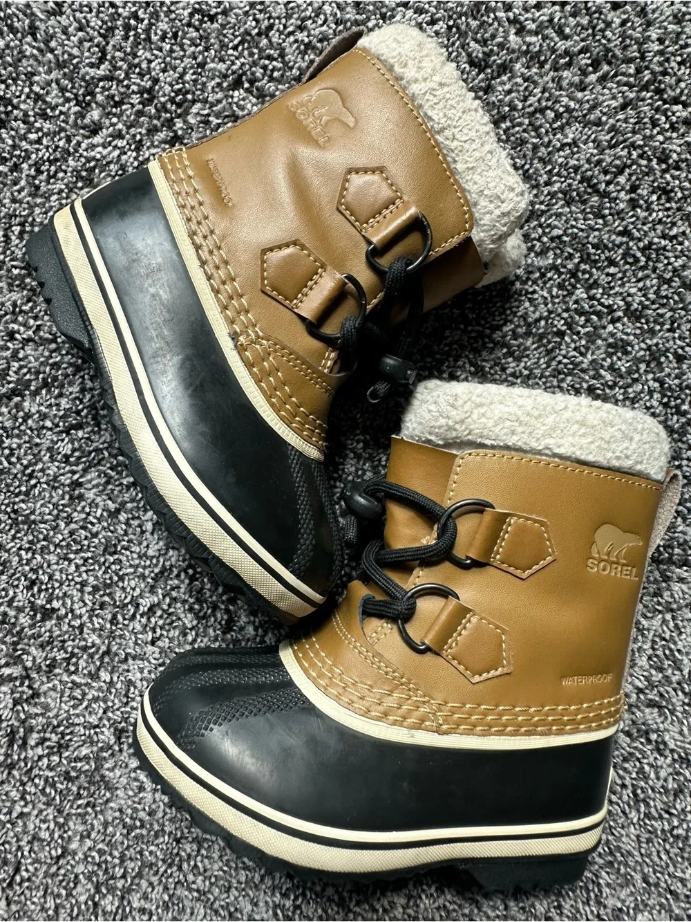 SOREL Kids Tan & Black Sherpa-Lined Waterproof Hiking Snow Boots Size 9 Toddler